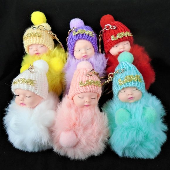 6pcs Cute Baby Pom Pom Keychain w/ Knit Cap - Picture 1 of 4